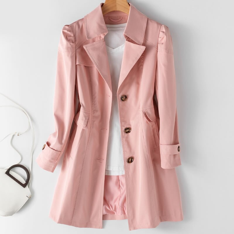 One-Button Trench Coat with Padded Shoulders for Women
