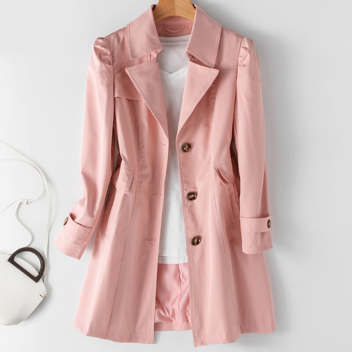 One-Button Trench Coat with Padded Shoulders for Women