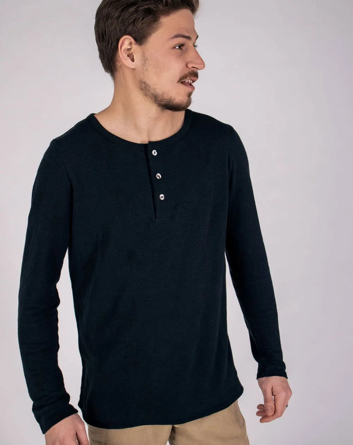 Zarro Black Long-Sleeve Pure Linen Polo Shirt for Men