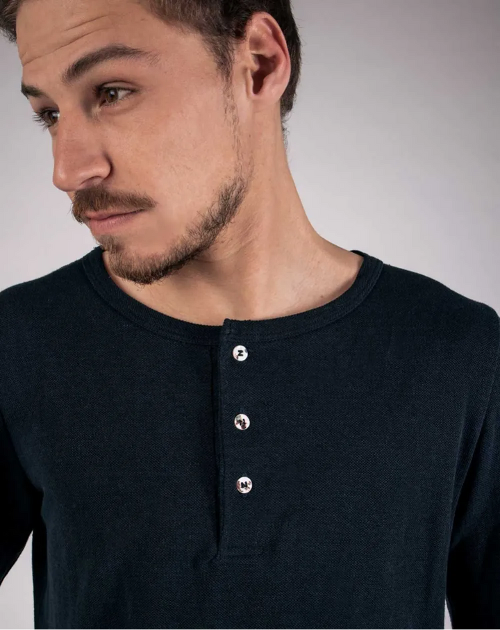 Zarro Black Long-Sleeve Pure Linen Polo Shirt for Men — gallery