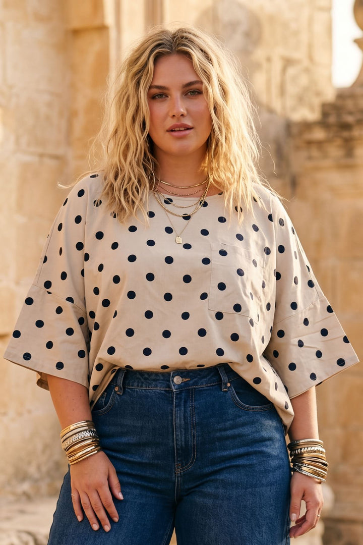 Polka Dot Print Front Pocket Cotton Top — Beige/Navy
