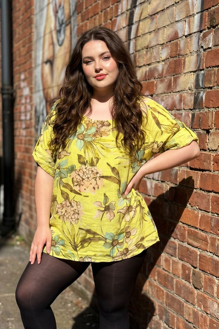 Tropical Floral Print Tunic Cotton Top for Women - Lemon