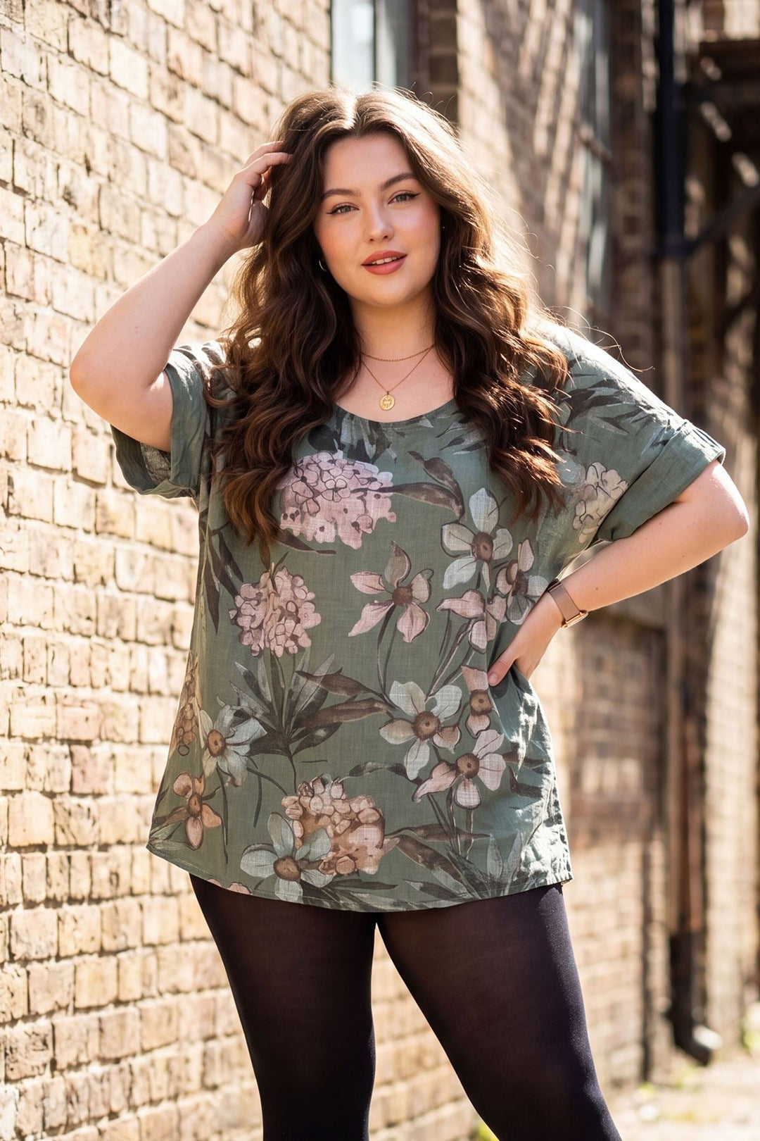 Tropical Floral Print Tunic Cotton Top for Women - Khaki
