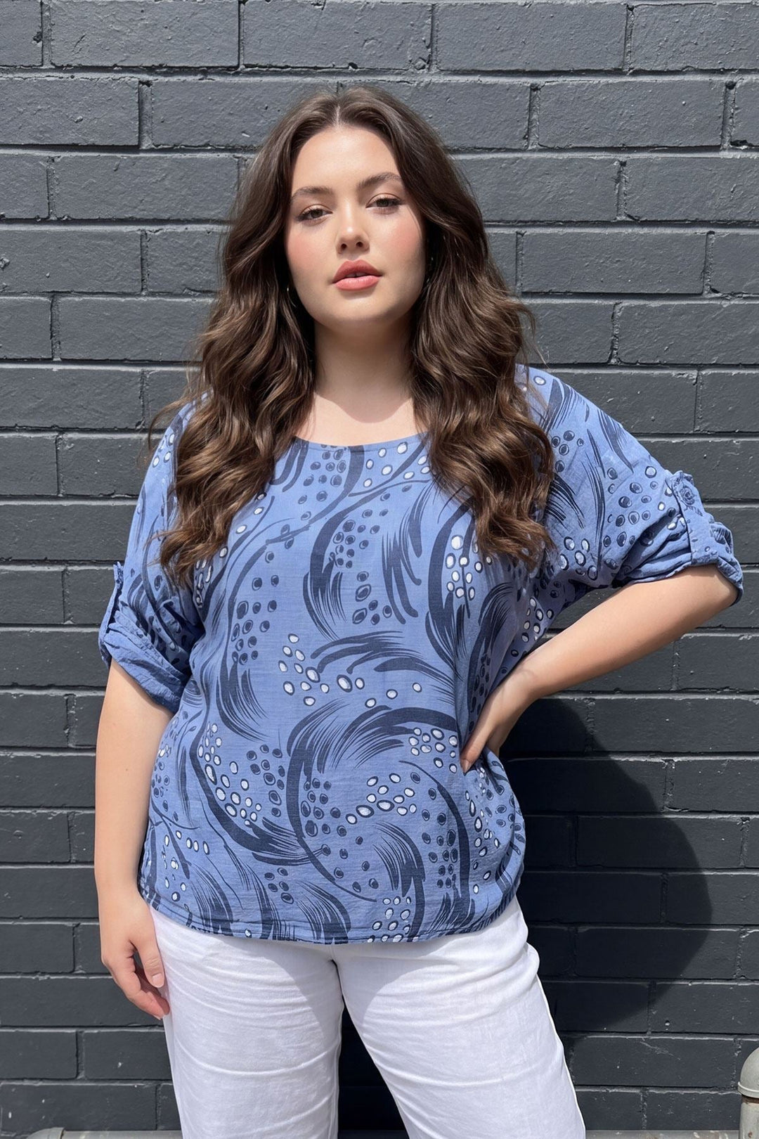 Abstract Print Oversized Tunic Cotton Top for Women - Denim Blue