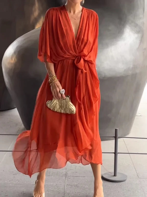 V-Neck Chiffon Dress for a Long Summer Evening
