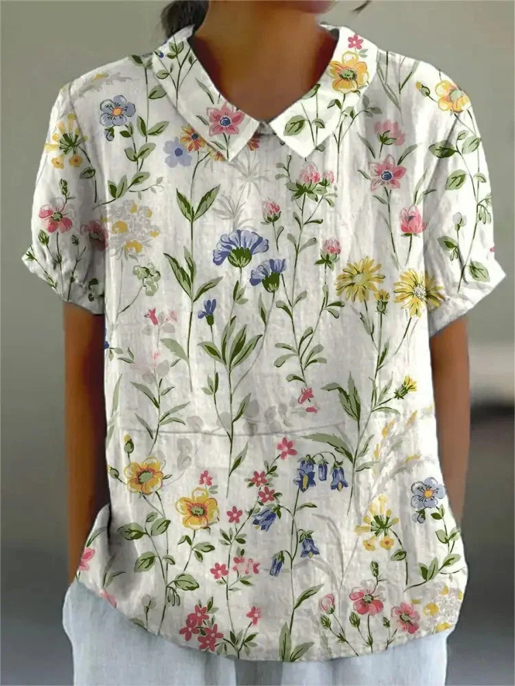 Short-Sleeve Floral Print Cotton Blouse for Women