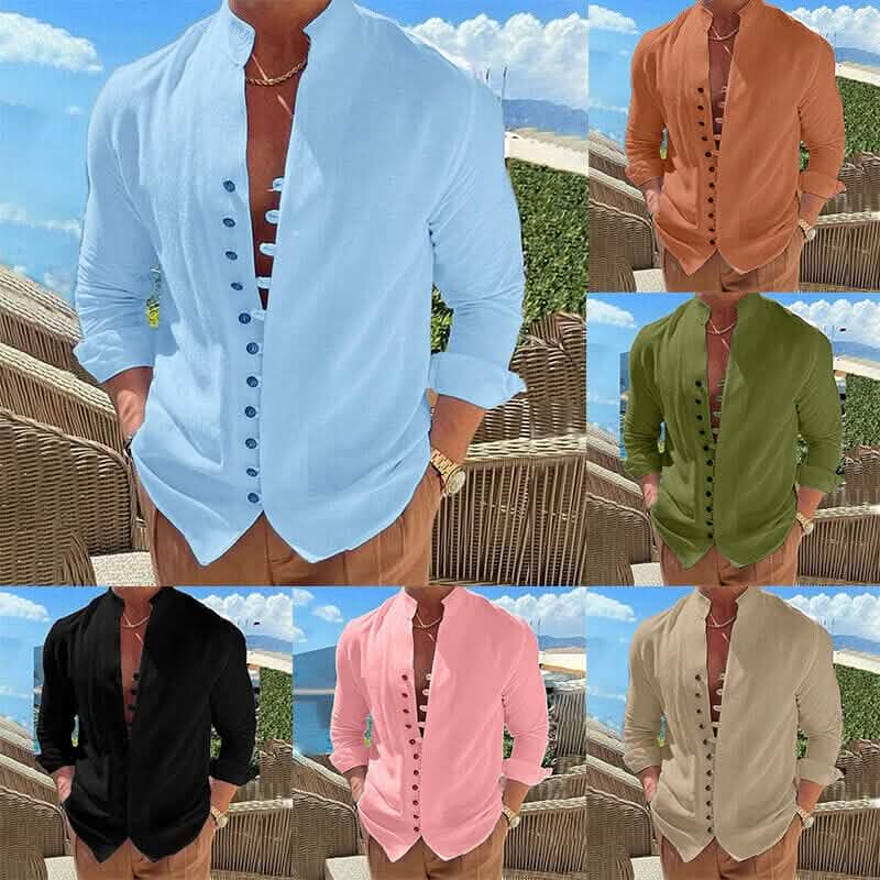 Linen Button-Up Shirt with Band Collar for Men
