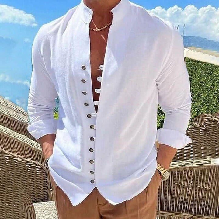 Linen Button-Up Shirt with Band Collar for Men - White