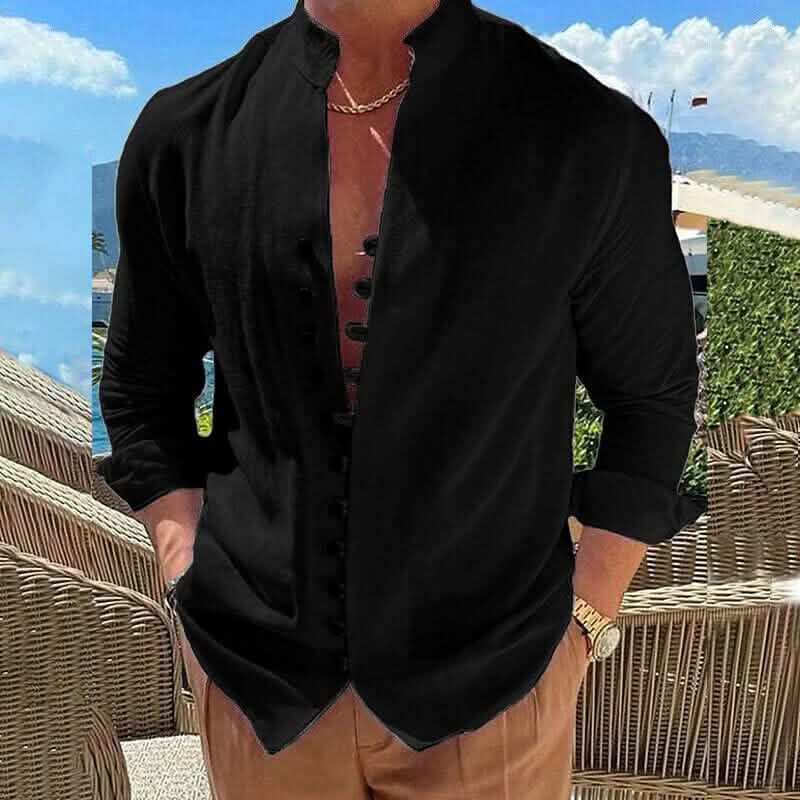 Linen Button-Up Shirt with Band Collar for Men - Black
