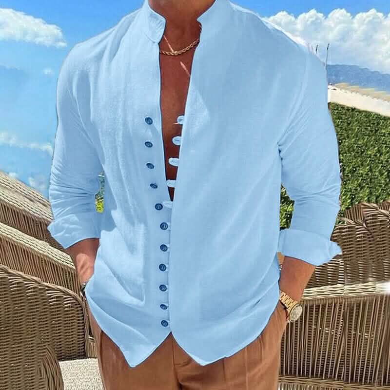 Linen Button-Up Shirt with Band Collar for Men - Blue