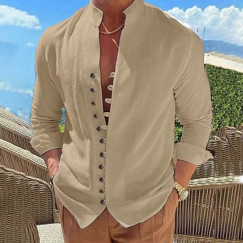 Linen Button-Up Shirt with Band Collar for Men - Khaki