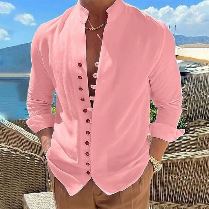 Linen Button-Up Shirt with Band Collar for Men - Pink
