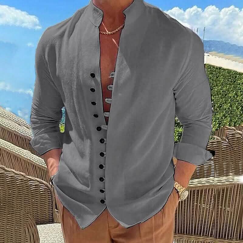 Linen Button-Up Shirt with Band Collar for Men - Dark Grey