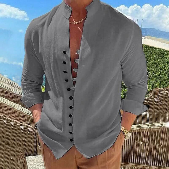 Linen Button-Up Shirt with Band Collar for Men - Dark Grey