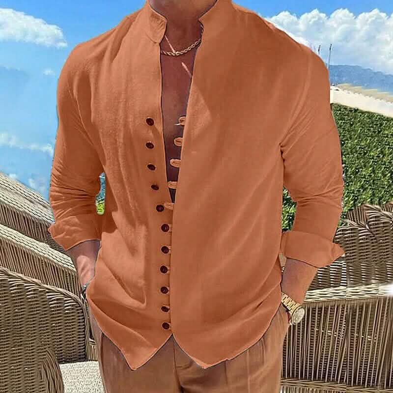 Linen Button-Up Shirt with Band Collar for Men - Orange