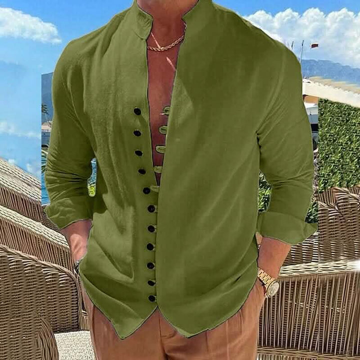 Linen Button-Up Shirt with Band Collar for Men - Green