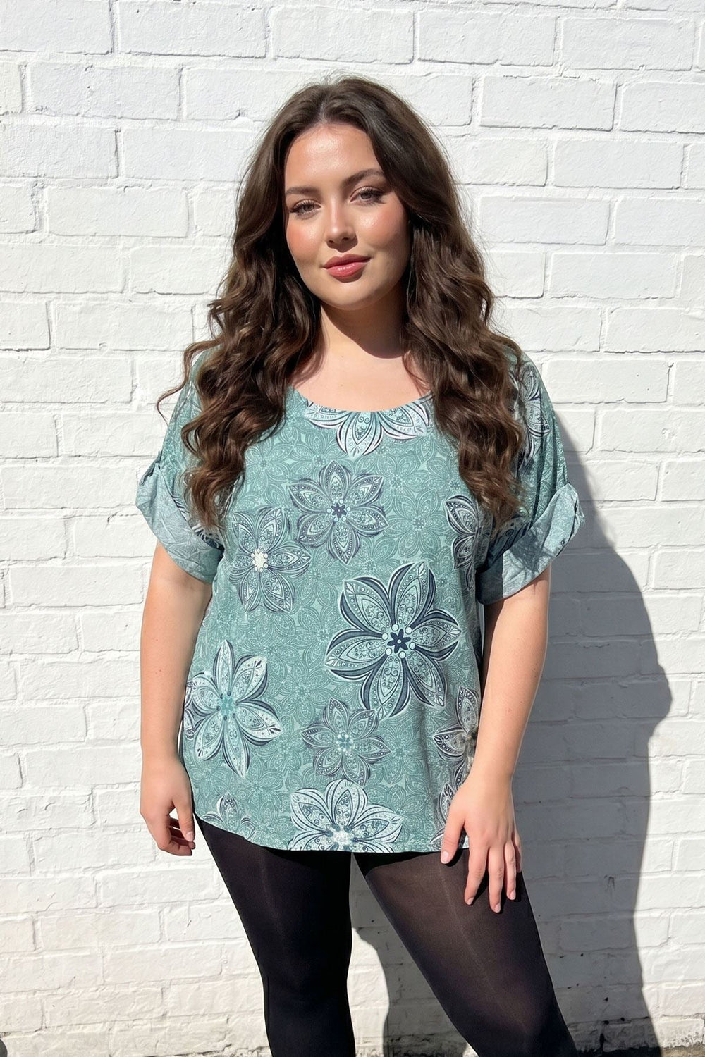 Abstract Floral Print Tunic Cotton Top for Women - Mint Green