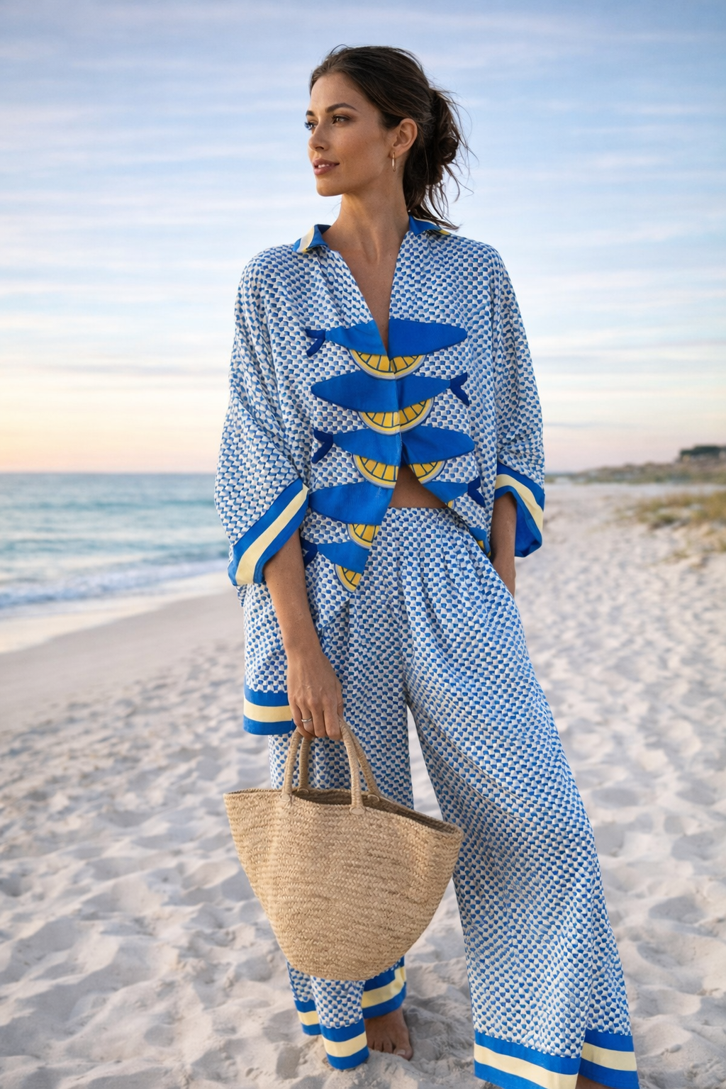 Summer Print Button-Up Shirt and Wide-Leg Trousers Set