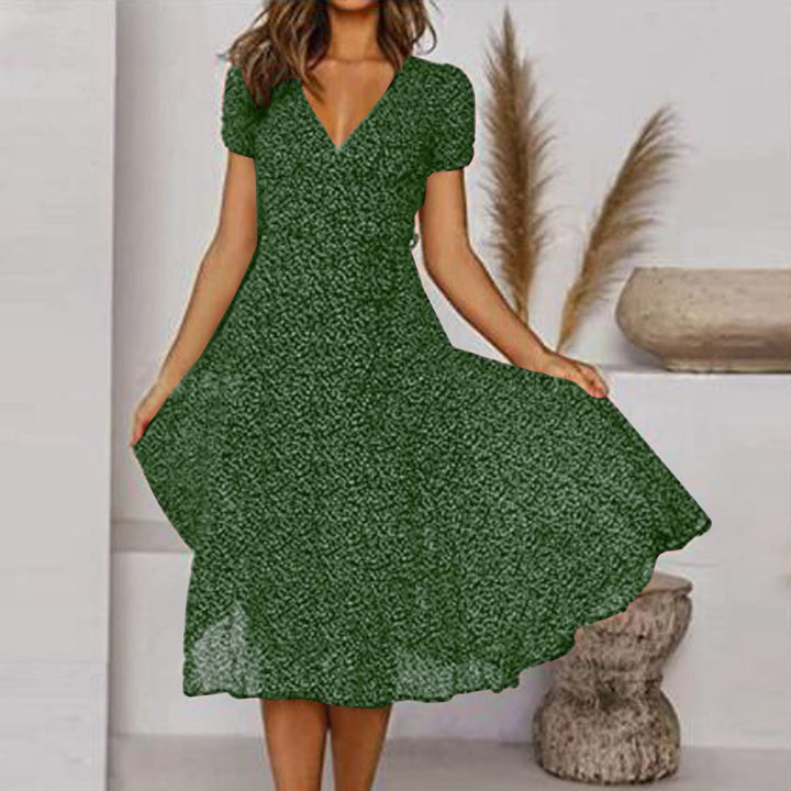 V-Neck A-Line Dress with a Flared Hem and Easy-Care Fabric