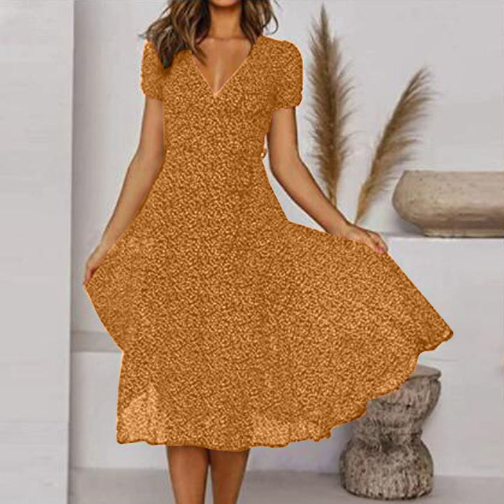 V-Neck A-Line Dress with a Flared Hem and Easy-Care Fabric
