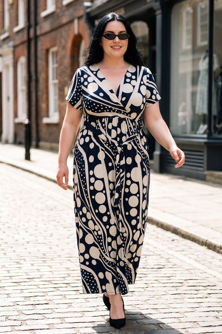 Multiple Abstract Print Wrap Over Belted Dress — gallery