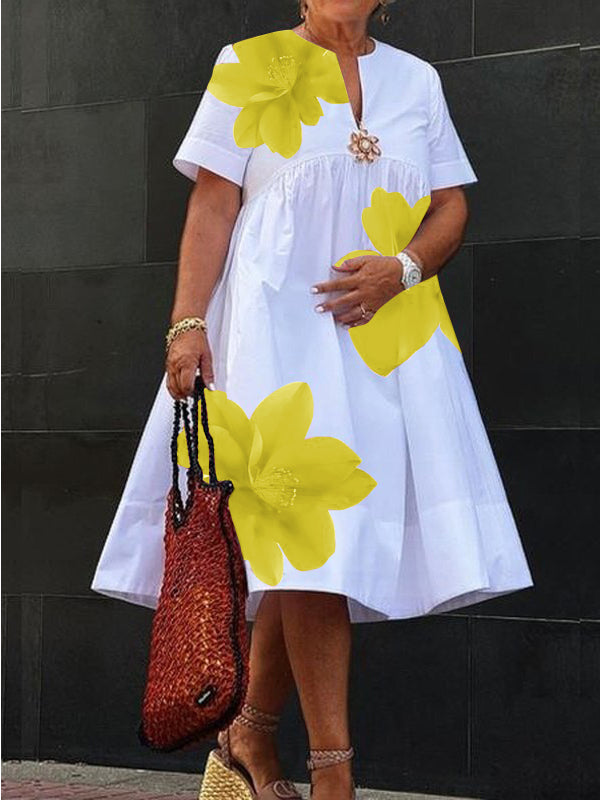 A-Line Loose Flower Print Pleated V-Neck Midi Dresses for Women - Yellow