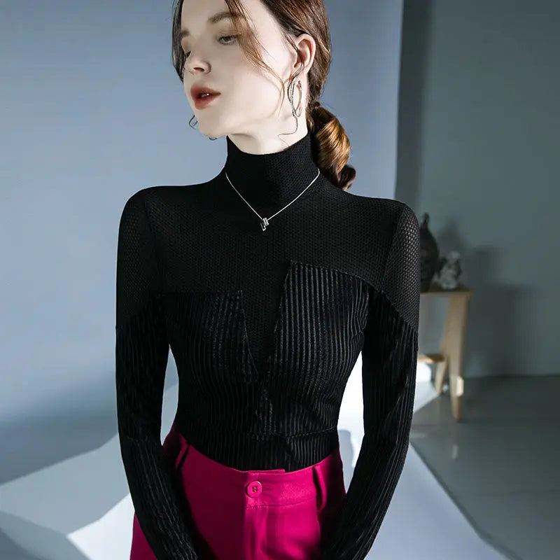 Velvet Patchwork Turtleneck Knit with Asymmetric Stripe