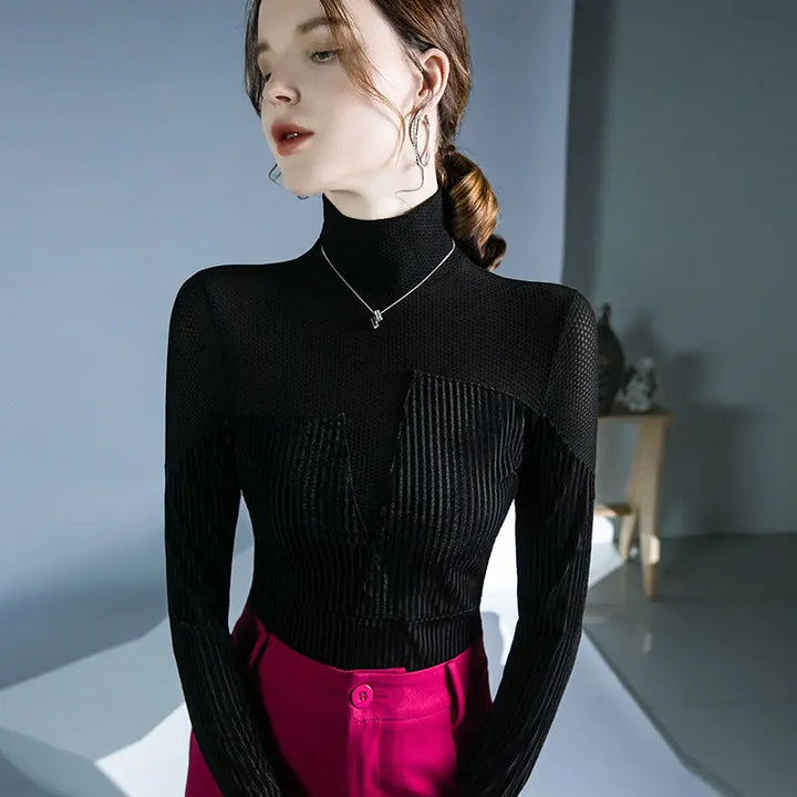 Velvet Patchwork Turtleneck Knit with Asymmetric Stripe