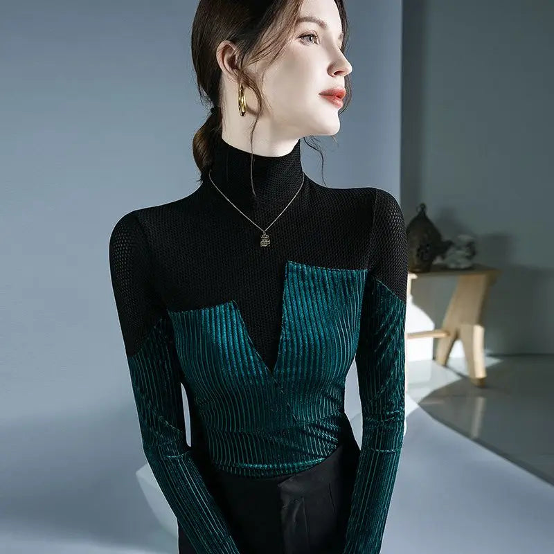 Velvet Patchwork Turtleneck Knit with Asymmetric Stripe