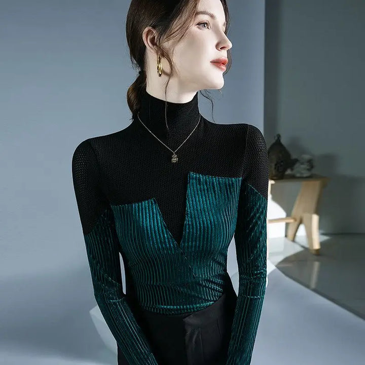 Velvet Patchwork Turtleneck Knit with Asymmetric Stripe