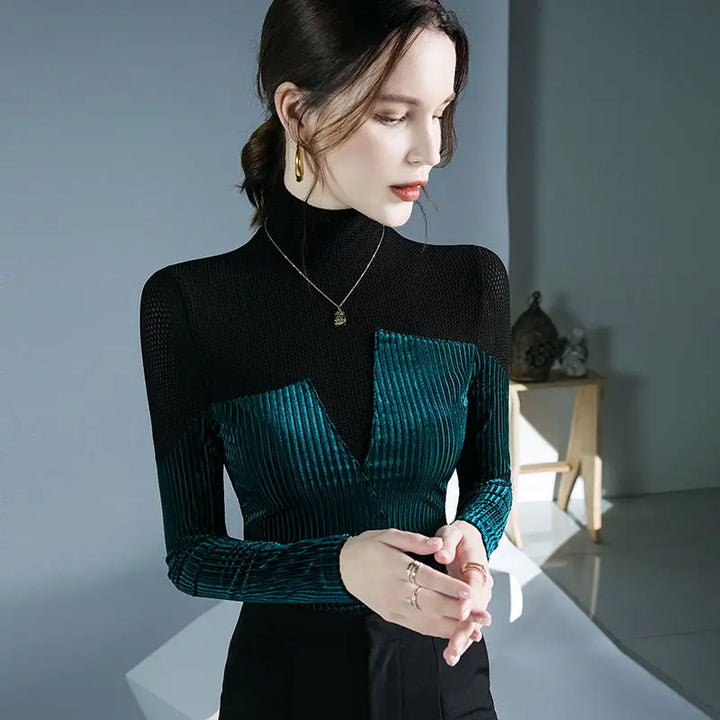 Velvet Patchwork Turtleneck Knit with Asymmetric Stripe