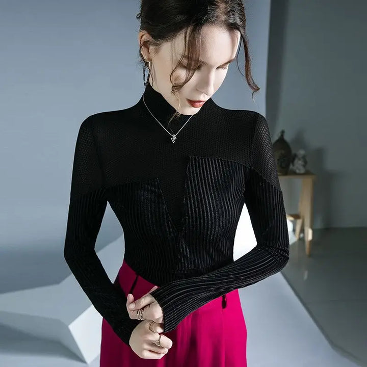 Velvet Patchwork Turtleneck Knit with Asymmetric Stripe