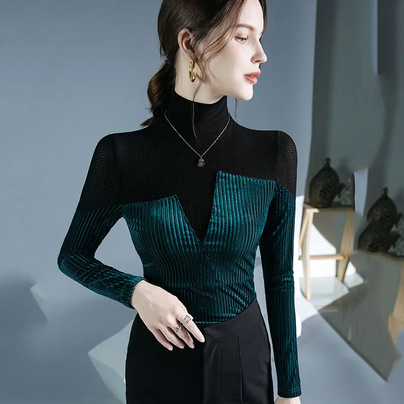 Velvet Patchwork Turtleneck Knit with Asymmetric Stripe