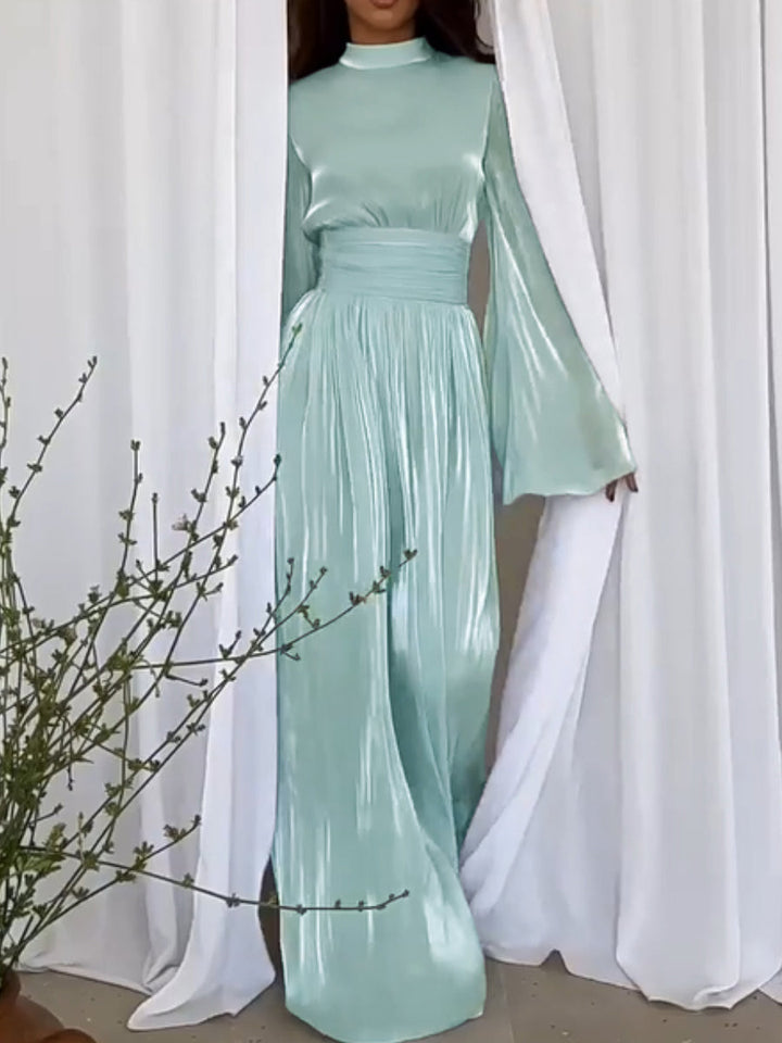 Long Maxi Dress with Pleated Waist and Raised Collar