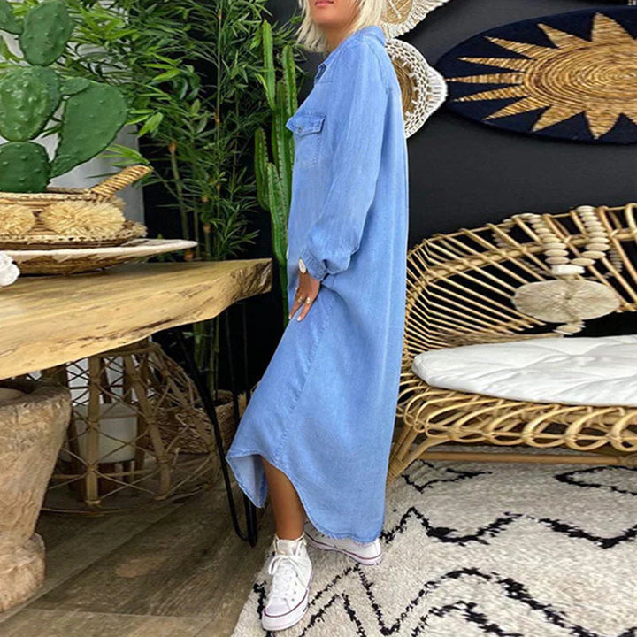 Long-Sleeve Denim Shirt Dress - Relaxed Straight Fit