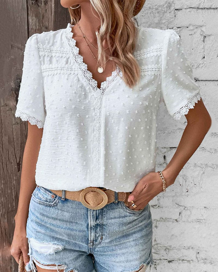 Romy Short Sleeve V-Neck Top with Lace Patchwork Detail