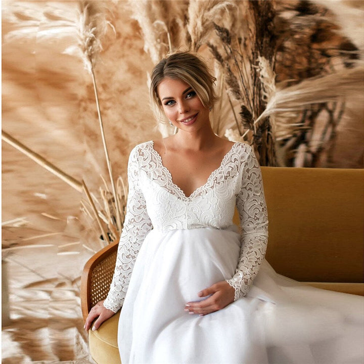 Lace Maxi Dress with V-Neck for Expectant Mothers