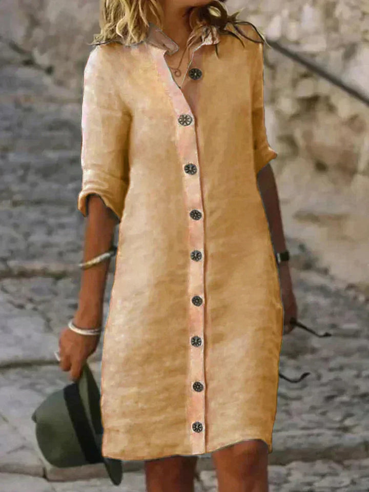 Classic Woven Dress with a V-Neckline and Flared Skirt