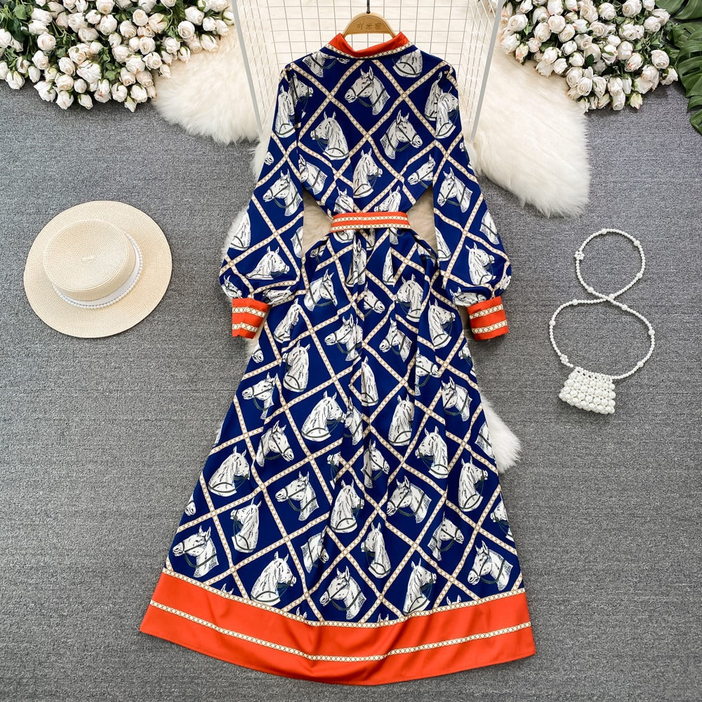 Long Sleeve Horse Print Navy Blue Dress for Women - gallery