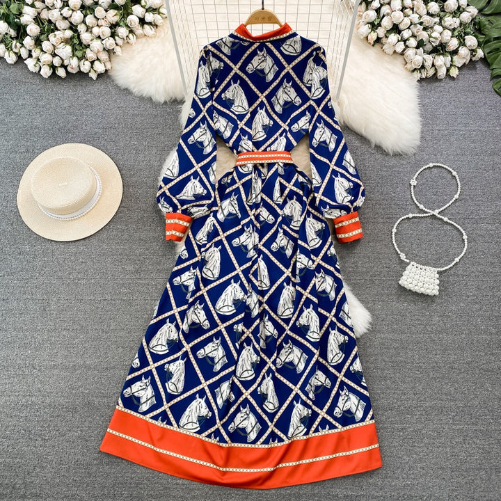 Long Sleeve Horse Print Navy Blue Dress for Women - gallery