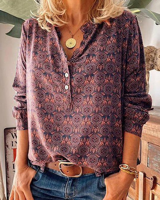 Vintage Print Long Sleeve Blouse with Button-Up Front
