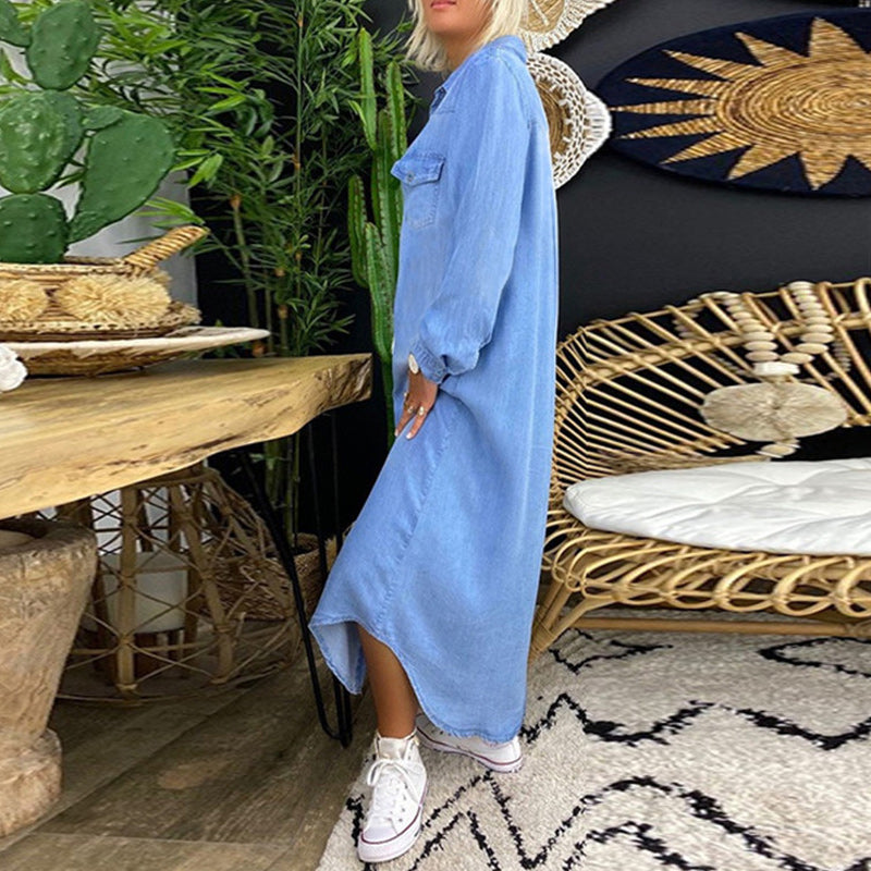 Soft-Washed Denim Dress with Long Sleeves