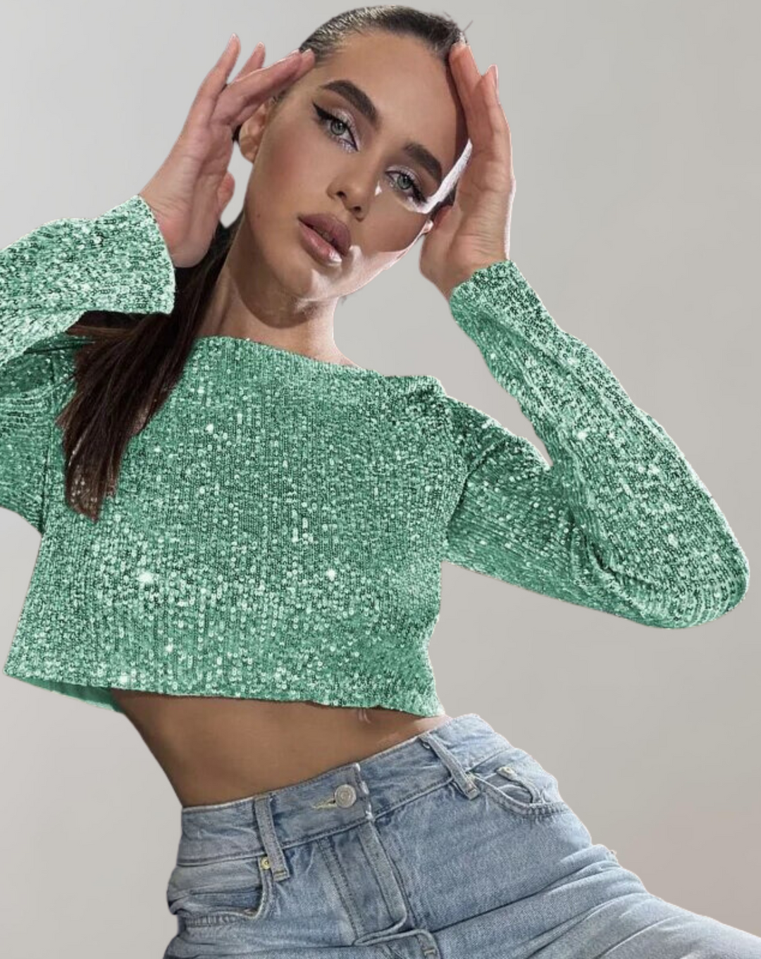 All-Over Sequin Crop Top with Stretch Fit for Women