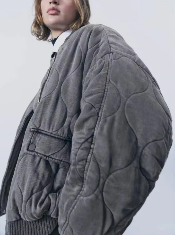 Relaxed Cotton Round Neck Jacket with Bow Detail for Women
