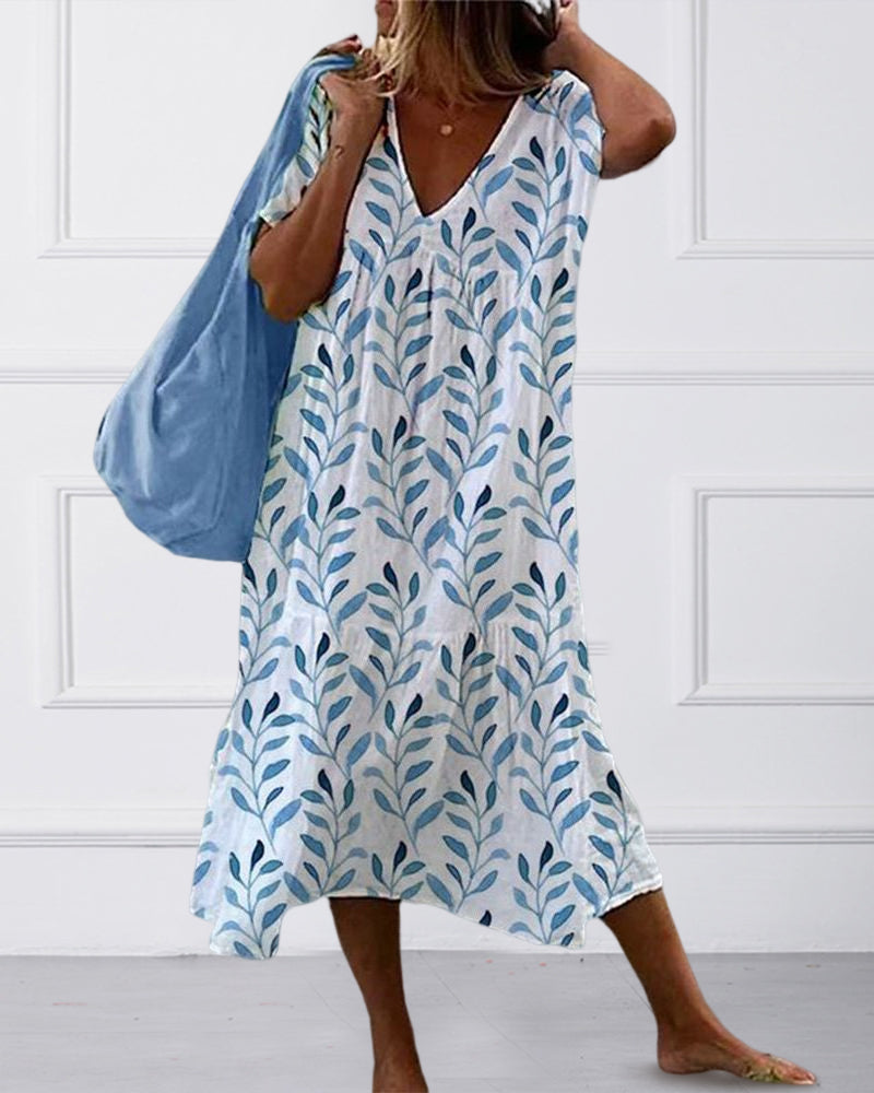Leaf Print Flowy Midi Dress in Botanical Print