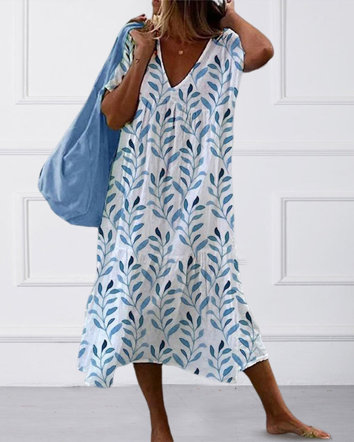 Leaf Print Flowy Midi Dress in Botanical Print