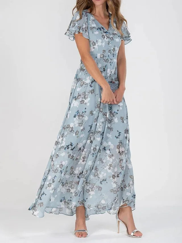 Printed Chiffon Dress with Ruffle Sleeves for Women