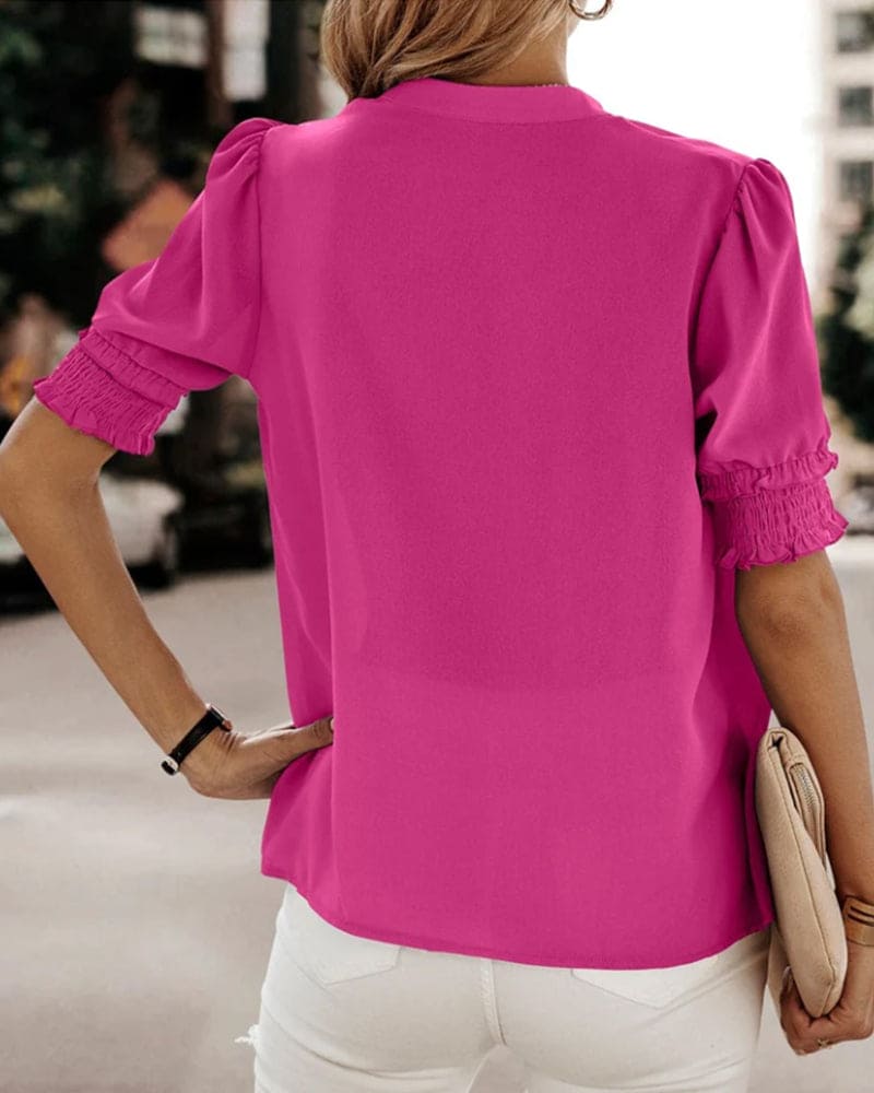 V-Neck Puff Sleeve Chiffon Blouse - Loose Fit