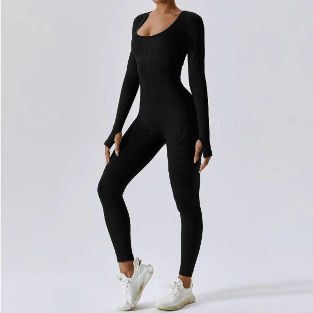 Fitted Long Sleeve Performance Jumpsuit, Solid Colour