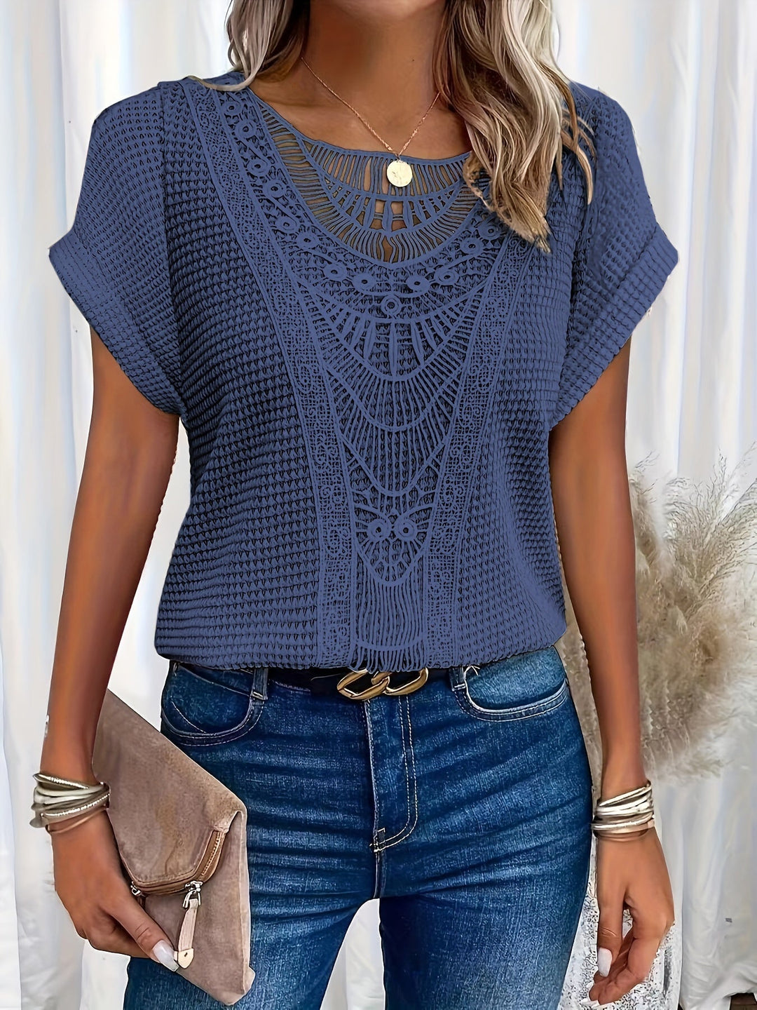 Classic Round-Neck Blouse with Short Sleeves